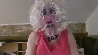 CD Sissy Sarah Millward knows her ID, painless indicated by what's written on her face and chest - 'fag slut' -   painless she smokes, wanks her clit, and stuffs a dildo up her nasty foetus hole